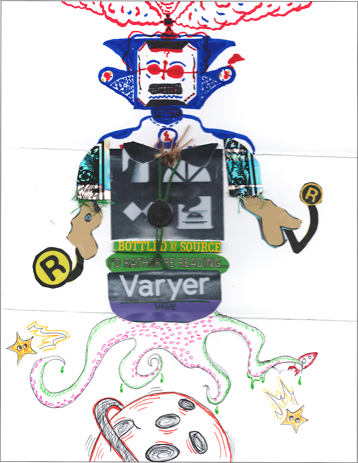 A collaged creature with a robot head, humanoid torso, and alien tentacles.